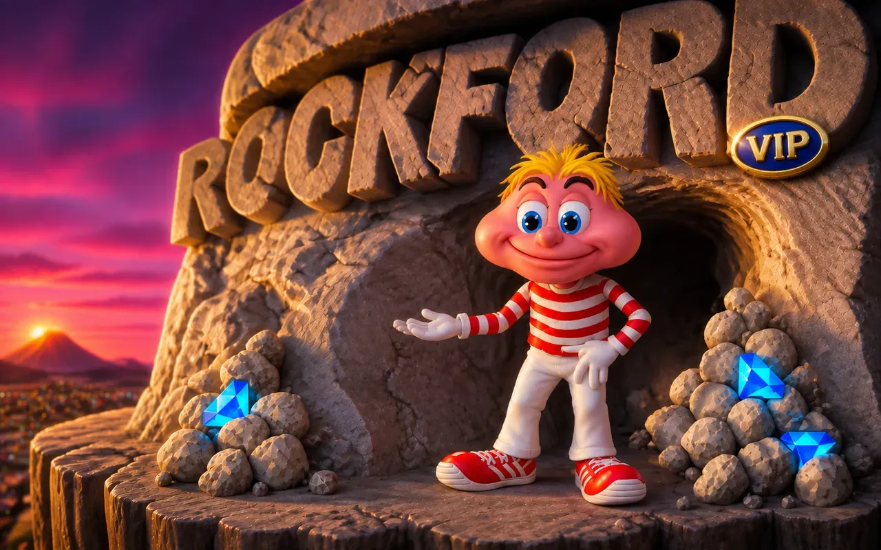 The welcome screen of the enhanced presentation: a cheerful cartoon miner in a red-and-white striped top standing at the mouth of a cave, the word ROCKFORD carved into the rock above him with a VIP badge beside it, boulders and blue gems either side and a sunset behind